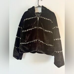 Ashley Stewart Faux Fur Pearl Embellished Hooded Blk Bomber Jacket sz 14/16 NWT